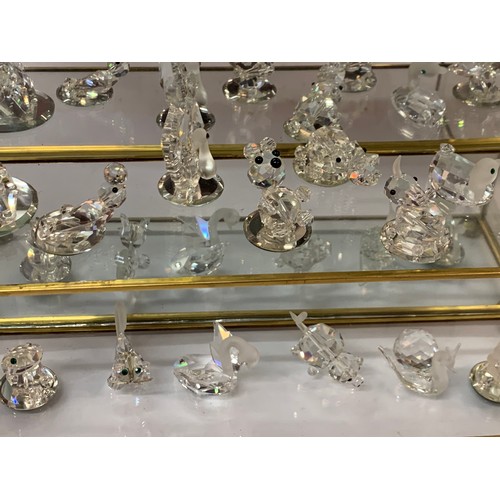 441 - Good Quantity Of Crystal Glass Animals All In A Brass And Glass Display Cabinet . 29 x 28.5 cms