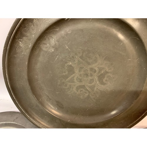 445 - 18th Century Pewter Charger Along With Similar Aged Plates. (4)