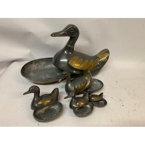 452 - Large Set Of Five  Vintage Pewter Ducks That All Fit Inside The Large Duck. Largest Duck Measures. 2... 