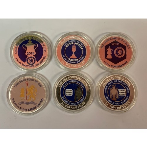 360 - Six Silver One Ounce Fine Silver Coins All Football Related In Plastic Cases All Chelsea Football Cl... 