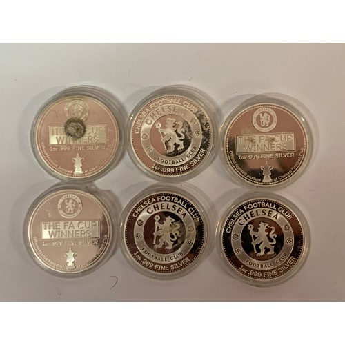 360 - Six Silver One Ounce Fine Silver Coins All Football Related In Plastic Cases All Chelsea Football Cl... 