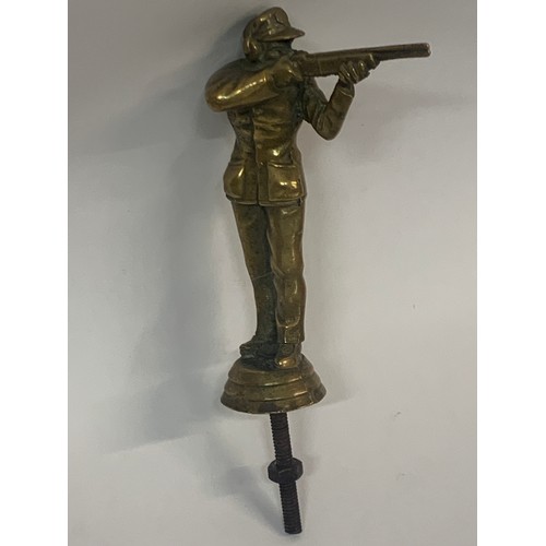 362 - Vintage Brass / Bronze Car Hood Mascot In The Form Of A Shooting Gentleman. 19 x 9.5 cms