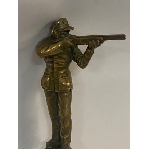 362 - Vintage Brass / Bronze Car Hood Mascot In The Form Of A Shooting Gentleman. 19 x 9.5 cms