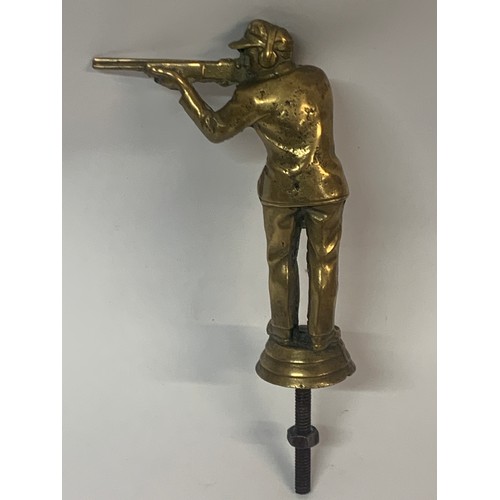 362 - Vintage Brass / Bronze Car Hood Mascot In The Form Of A Shooting Gentleman. 19 x 9.5 cms