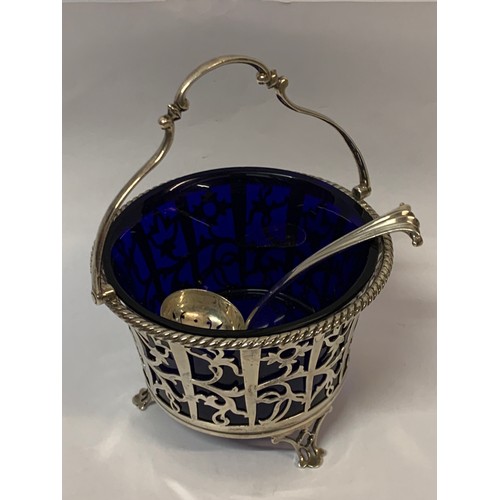 365 - Silver Hallmarked Cruet With Cobalt Glass And Matching Hallmarked Spoon. 11 x 15.5 cms With Handle U... 