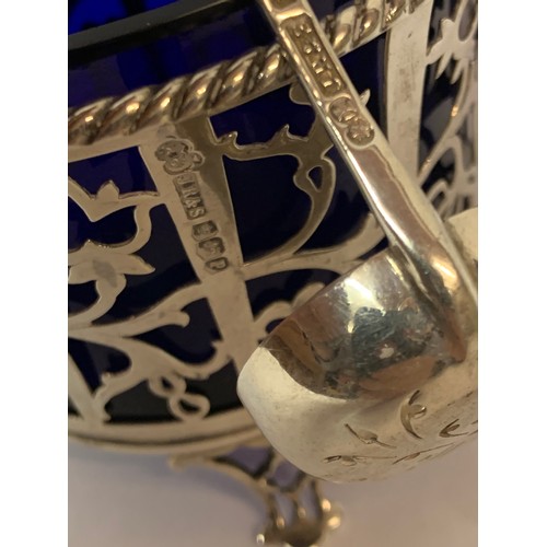 365 - Silver Hallmarked Cruet With Cobalt Glass And Matching Hallmarked Spoon. 11 x 15.5 cms With Handle U... 