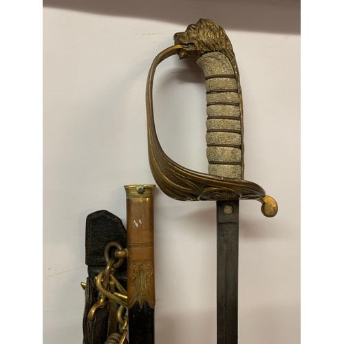 418 - Victorian Navel Officers Sword In Leather Scabbard Along With A Bullion Wire Navel Belt And Straps 9... 