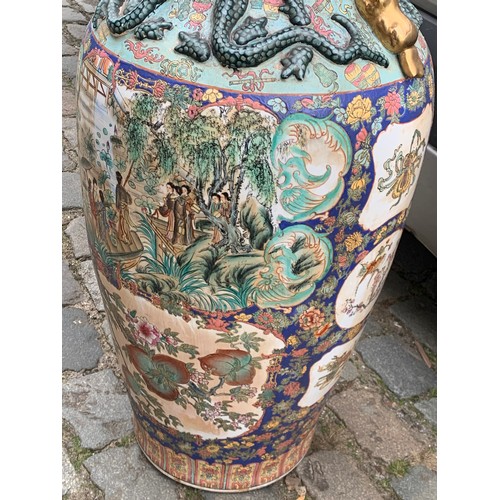 483 - Huge Chinese Floor Vase Standing 116 Cms High With Various Hand Painted Scenes Etc.