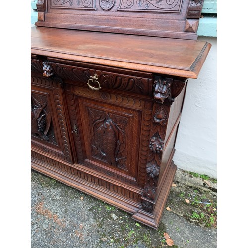 73 - Flemish Carved Wood Decorated Hunt Cupboard / Buffet With Removable Back Panel With Lion Head Carvin... 