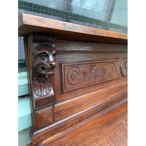 73 - Flemish Carved Wood Decorated Hunt Cupboard / Buffet With Removable Back Panel With Lion Head Carvin... 