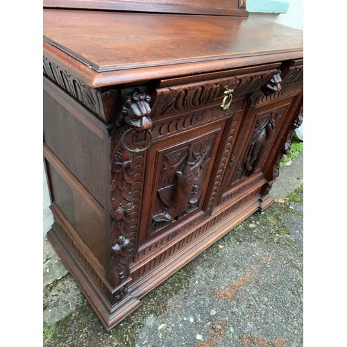 73 - Flemish Carved Wood Decorated Hunt Cupboard / Buffet With Removable Back Panel With Lion Head Carvin... 