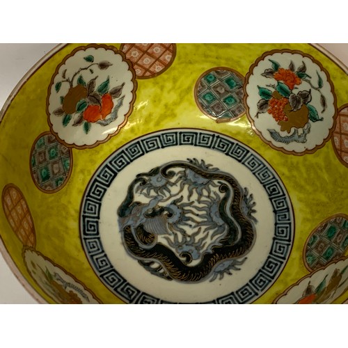 485 - Chinese Yellow Ground Bowl With Hand Painted Decoration. 28.5 cms Diameter.