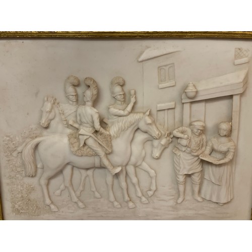 495 - Alabaster Plaque Of Military Horseman Drinking In The Courtyard Set In Gilt Framed . 49.5 x 39.5 cms