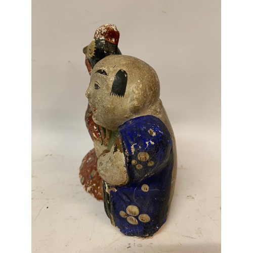 500 - Chinese Pottery Figure Of A Man Holding His Cockerel.  16 cms High