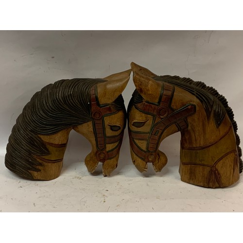 504 - Pair Of Carved Wood Hobby Horse Head Figures. 31 cms High (2)