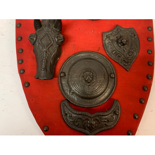 519 - Medieval Style Battle Shield Miniature Display All With Cast Metal Pieces. 55 x 32 cms