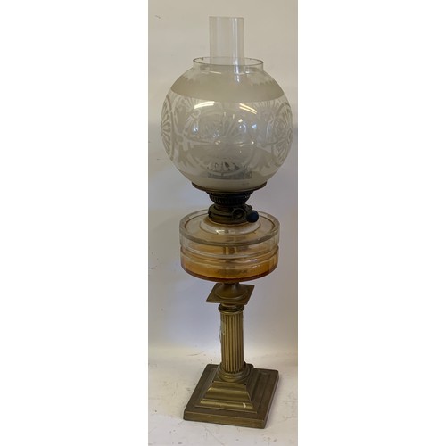 535 - Antique Oil Burning Lamp With Glass Shade. 67 cms High