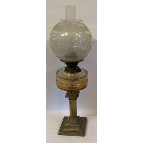 535 - Antique Oil Burning Lamp With Glass Shade. 67 cms High