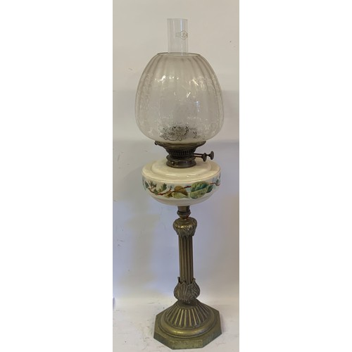 536 - Antique Oil Burning Lamp With Decorative Glass Shade. 76 cms High