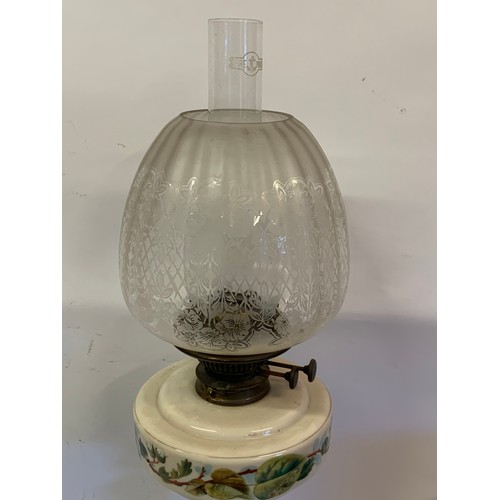 536 - Antique Oil Burning Lamp With Decorative Glass Shade. 76 cms High