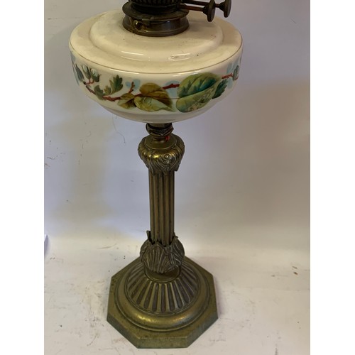 536 - Antique Oil Burning Lamp With Decorative Glass Shade. 76 cms High