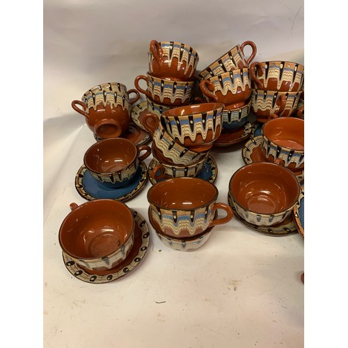 547 - Large Quantity Of Hand Painted Portuguese Cups Saucers Tea Pot Bowl Etc.