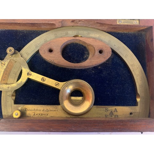 548 - Antique Cased  Heavy Brass Protractor By Troughton And Simms London With Military Crows Foot Stamp.