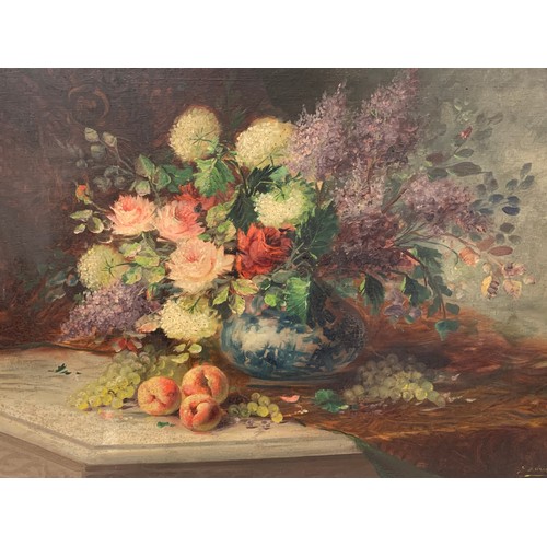 85 - Antique Framed Oil On Canvas Still Life Of Flowers Signed Bottom Right. 104.5 x 77.5 cms