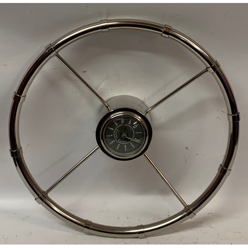 95 - Vintage Style Wall Hanging Boat Steering Wheel With Central Clock. 41 cms Diameter.