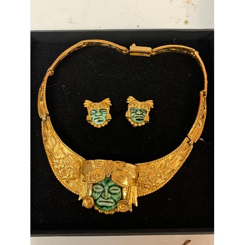 171 - Gold Coloured Metal And Ceramic Aztec Style Necklace And Earing Set.