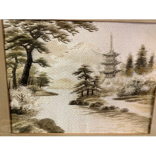 286 - A Silk Picture Of Mount Fuji Along With A Selection Of Framed Ceramics From Staffordshire Pottery's ... 