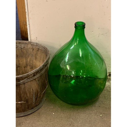 254 - Large Green Glass Demijohn / Carboy In A Wood Basket. 67 x 55 cms