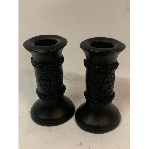 442 - Pair Of Composite Satanic Candlesticks. (2)  9.5 cms High