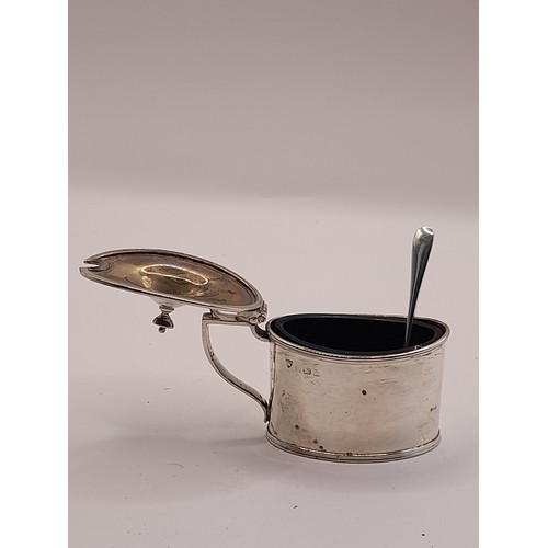13 - Hallmarked Silver Mustard Pot with silver hallmarked spoon and blue glass liner. 6.5cm high x 9cm wi... 