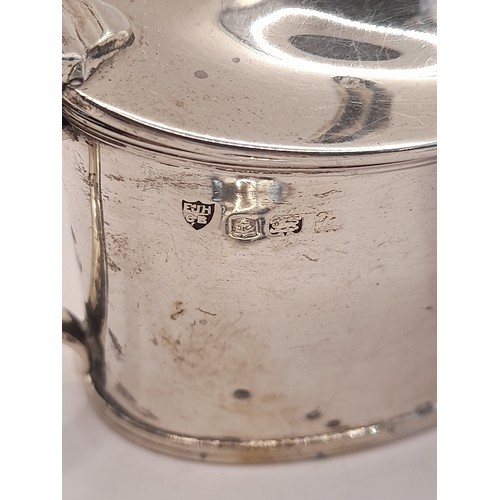 13 - Hallmarked Silver Mustard Pot with silver hallmarked spoon and blue glass liner. 6.5cm high x 9cm wi... 