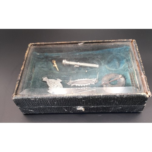 3 - Small display box with bevel glass lid containing Silver Halmarked brooches and other items. (6+ box... 