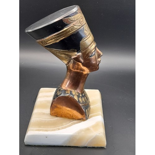 26 - Brass Bust of Nefertiti on marble base standing 17cm high