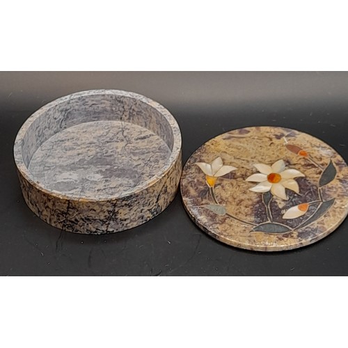 32 - white metal clock by Splendex 17cm wide along with a carved marble box with inlay to lid and a white... 