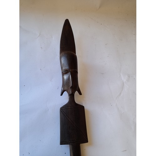37 - Tribal interest, wood carved short Spear with handle in the form of a head 88cm long