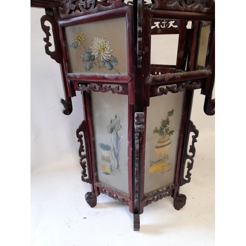 52 - Chinese wood and glass Light shade. 3 pieces of glass missing. 46cm high x 47cm wide