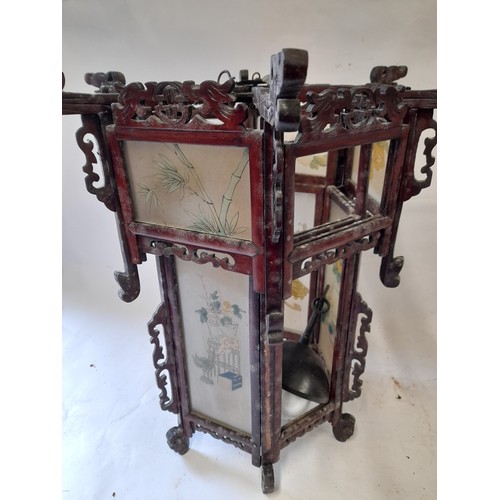 52 - Chinese wood and glass Light shade. 3 pieces of glass missing. 46cm high x 47cm wide