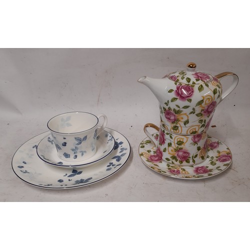 57 - Wedgewood Strawberry Blue Trio and
The Leonardo Collection Teapot Cup and Saucer with Pink Rose deco... 