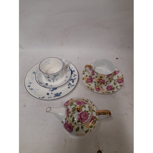 57 - Wedgewood Strawberry Blue Trio and
The Leonardo Collection Teapot Cup and Saucer with Pink Rose deco... 