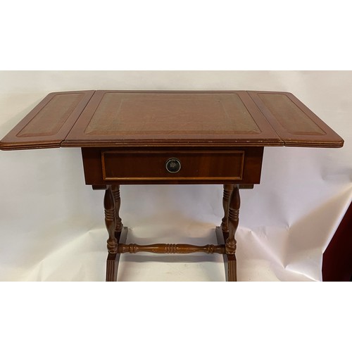 14 - Antique Style Drop Leaf Table With Leather Top. 46 x 38 x 54 cms Un-extended.