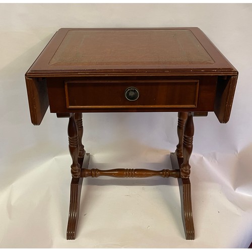 14 - Antique Style Drop Leaf Table With Leather Top. 46 x 38 x 54 cms Un-extended.