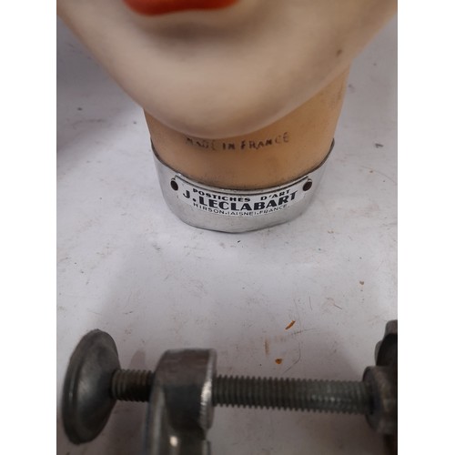 93 - 2 x Vintage  Mannequin heads with bench clamp