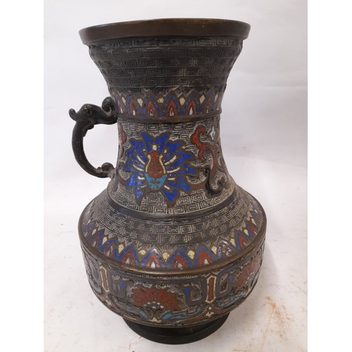 96 - Japanese cloisonne on Bronze urn approx 24cm high one handle missing