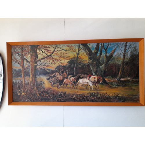 110 - Framed Oil on Hardboard of a Logging scene with 4 horses pulling a cart. indistinct signature. 112cm... 