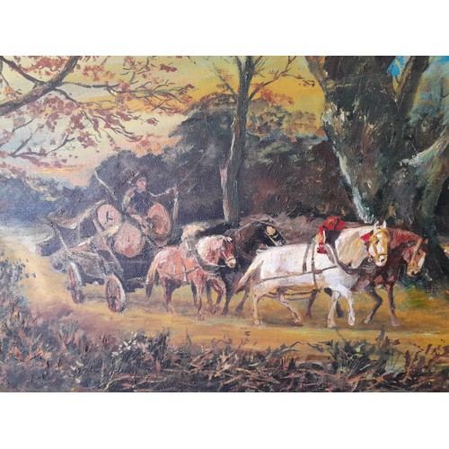 110 - Framed Oil on Hardboard of a Logging scene with 4 horses pulling a cart. indistinct signature. 112cm... 