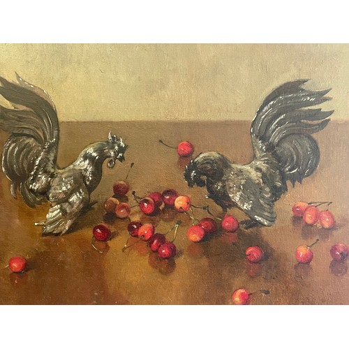 35 - Vintage Continental Oil On Canvas Of Chickens Signed Bottom Right 60 x 50 cms